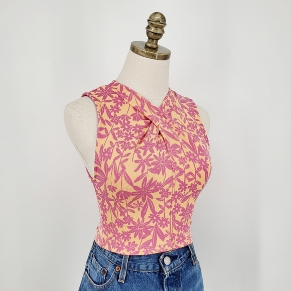 Zara Floral Print Crop Top Twist Front Jacquard Sleeveless Tank Pink Orange S - Picture 1 of 6